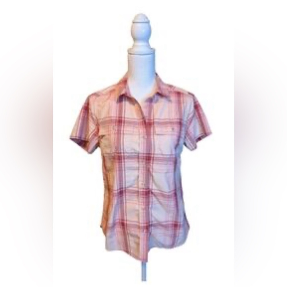 Eddie Bauer Plaid Button Up Shirt Womens Medium Pink Short Sleeve Hiking Top